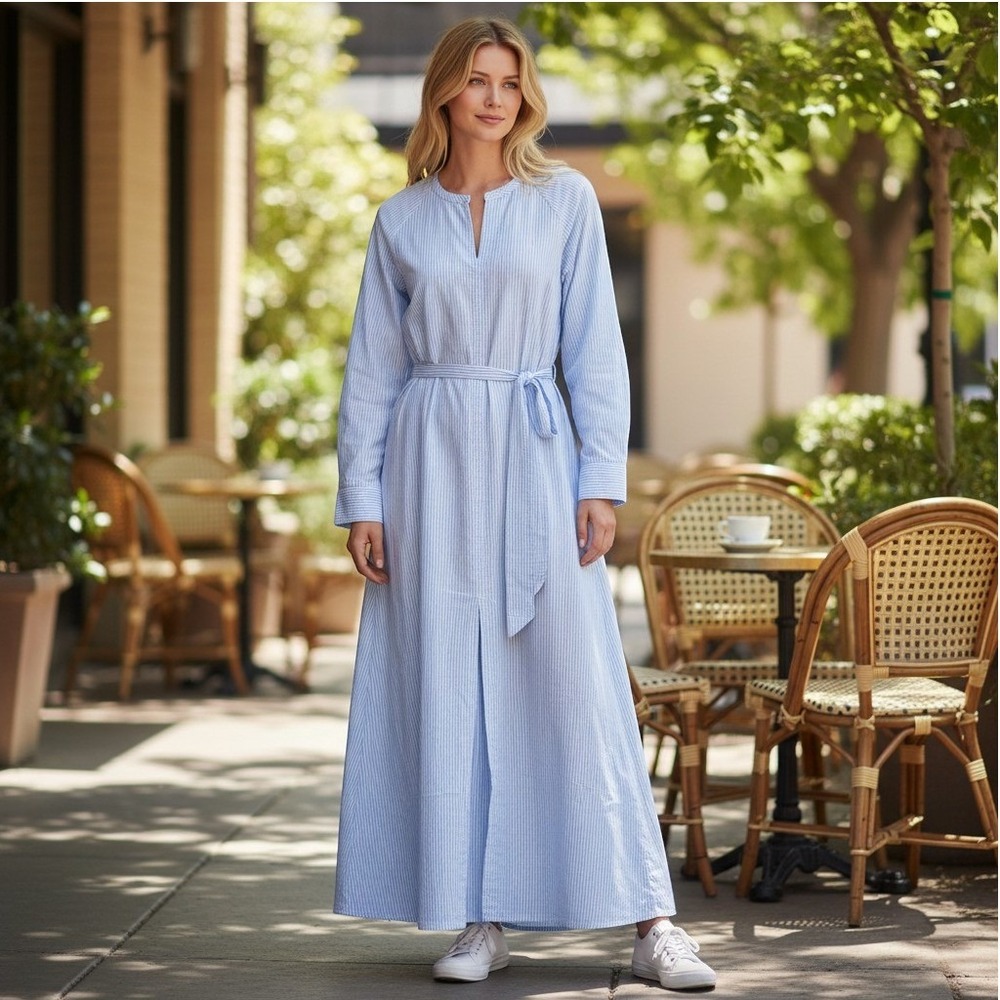 Xirena Blue White Striped Cotton Maxi Dress Split Neck Belted Long Sleeve Medium